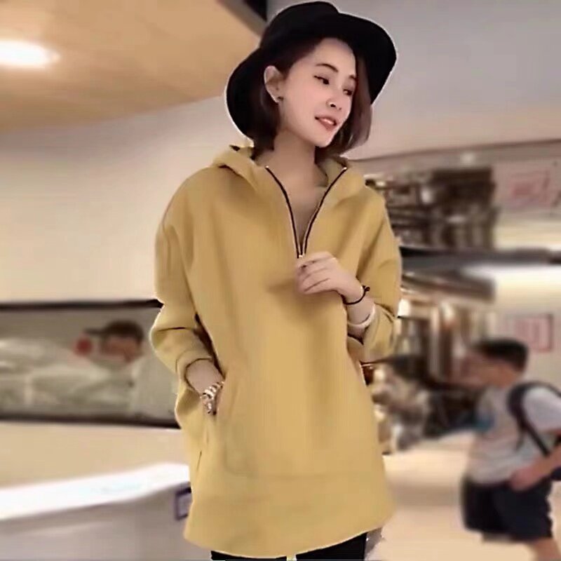 European Station 2020 new Lianhood sportswomen's loose medium long version Long sleeves lazy wind Han version Thin Blouse Women Wave