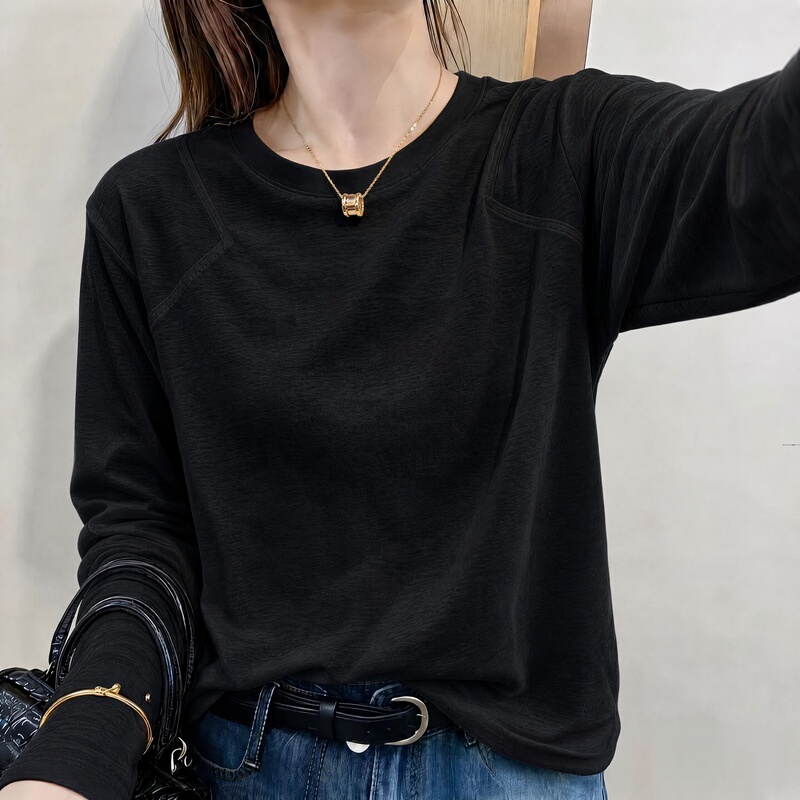 Snowflake Cotton Black Long-Sleeve T-Shirt for Women 2026 New Autumn and Winter Loose Fit Inner Wear Round Neck Loose Base Shirt Top Trendy Snowflake Cotton Black Long-Sleeve T-Shirt for Women 2026 New Autumn and Winter Loose Fit Inner Wear Round Neck Loose Base Shirt Top Trendy