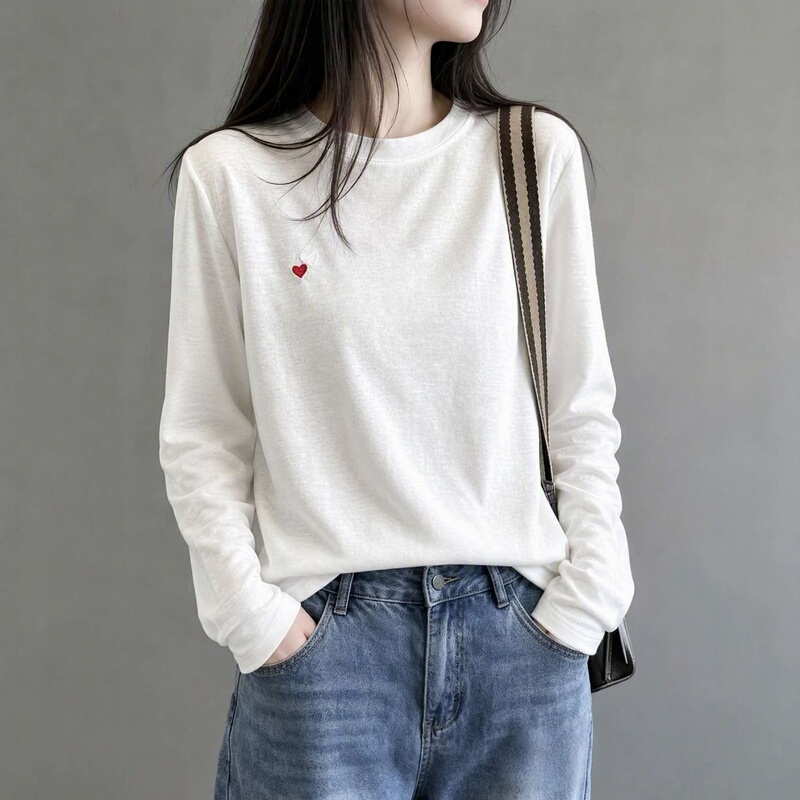 Snowflake Cotton White Long-Sleeve T-Shirt for Women 2026 New Autumn Heart Embroidery Slimming Cover-Up Base Shirt Trendy Top