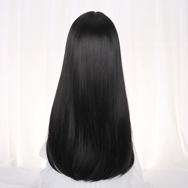 Medium-parted wig with long straight hair, black round face, seamless universal cos wig for women with long hair, full headband, medium-parted straight hair