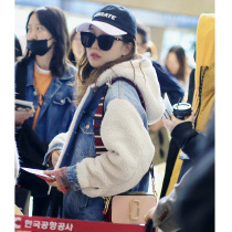 Star Xu Mengjie with the same 2021 winter new Korean version of lamb wool coat stitching denim plus velvet thick cotton coat