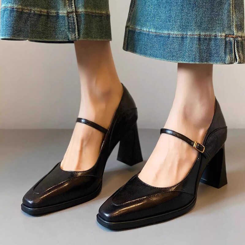 Black High-Heeled Shoes with Jeans, French Hepburn Style Small Leather Shoes, Thick Heel, Square Toe, Commuting Genuine Leather Mary Jane Women's Shoes