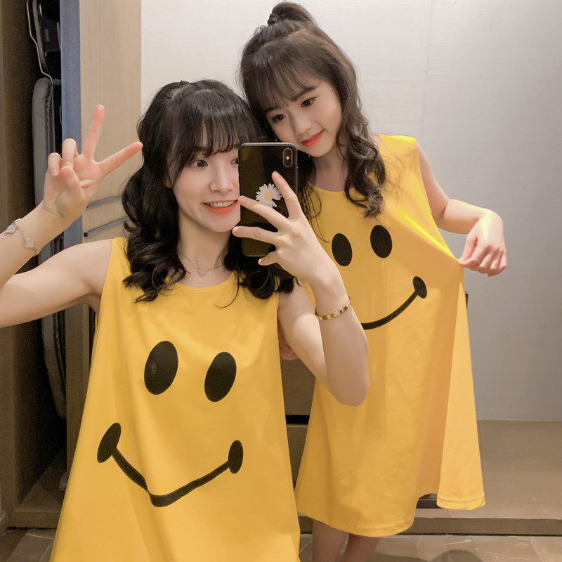 Mother and daughter nightdress girls summer cotton parent-child children's pajamas little girl dress middle and big children sleeveless home service