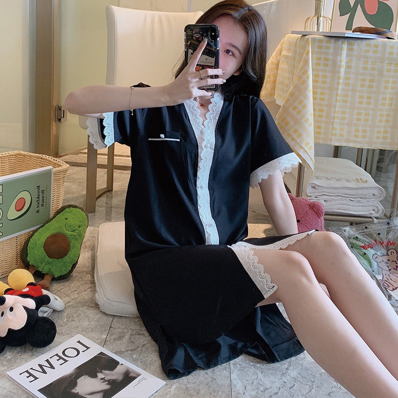 Nightdress women's summer short-sleeved cardigan ice silk thin one-piece pajamas ladies sexy shirt spring and autumn home skirt