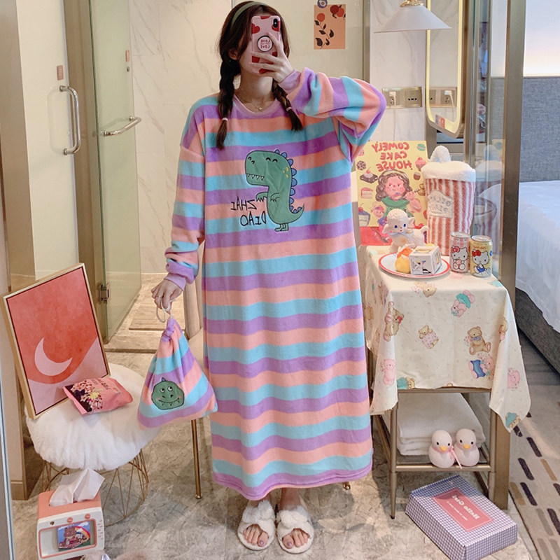 Pajamas women's autumn and winter thickened coral fleece long nightdress loose large size cute student flannel pregnant women home clothes