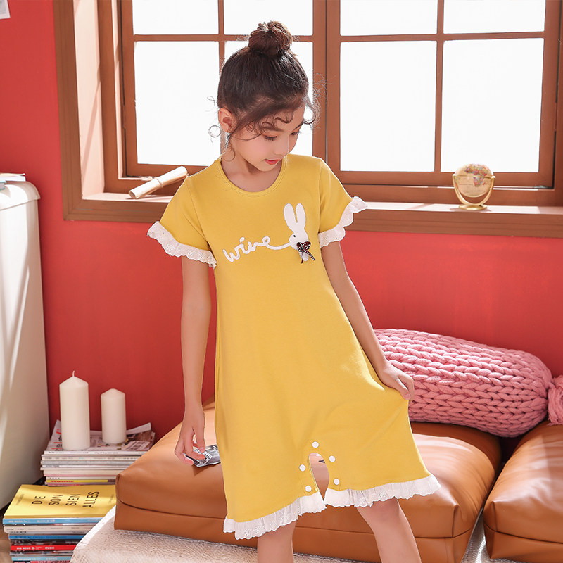 Children's nightdress girls summer cotton short-sleeved middle-aged princess one-piece pajamas girls two wear home nightskirt pants