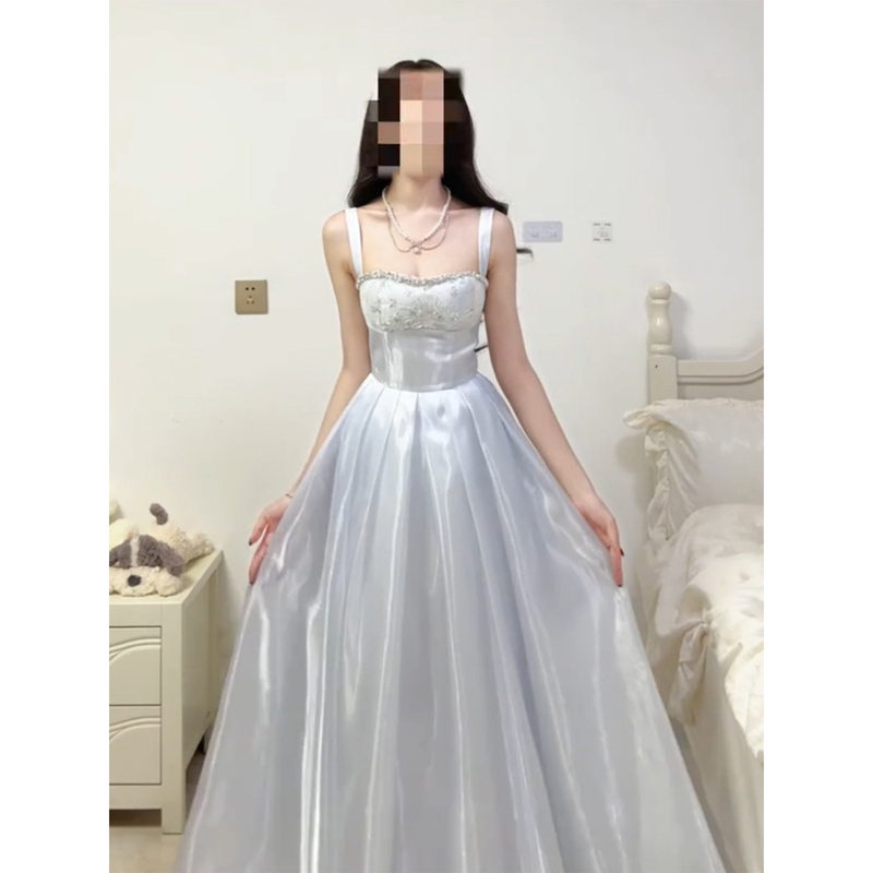 Blue Spaghetti Strap Evening Dress for Women 2026 New Style Banquet Student Day Coming-Of-Age Ceremony Socialite Party Fairy Princess Dress