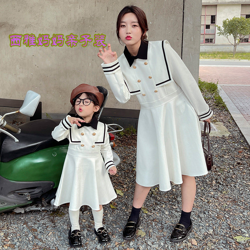 College style parent-child dress spring long version of Western style mother and daughter dress new girls spring dress fried street skirt spring and autumn