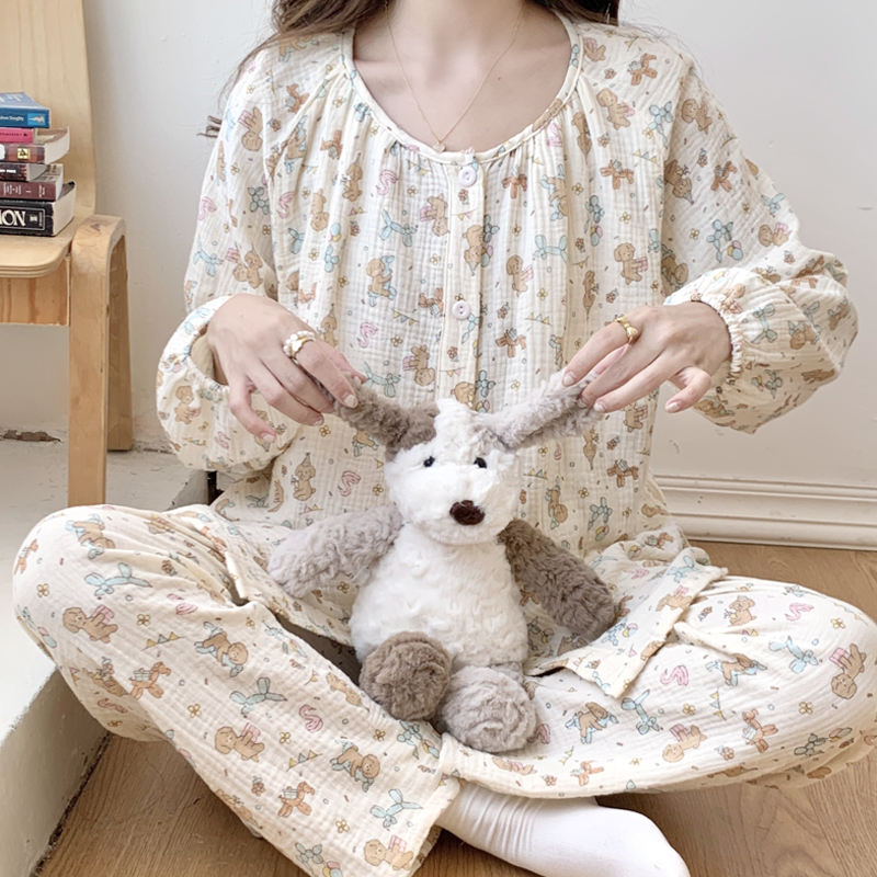 純綿ガーゼ産前産後服 夏用 薄手 産後7月8日 大きいサイズ 妊婦パジャマ レディース 春秋 授乳 ツーピースセット