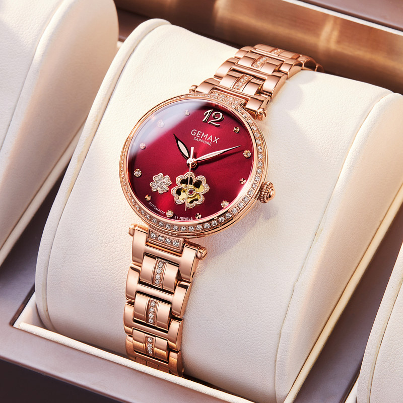 Gmassee Mechanical Watch Quadruleaf Grass Watches Women's Brand Handwatch Special Cabinet Big Card Women's Small Women's Red Color Red