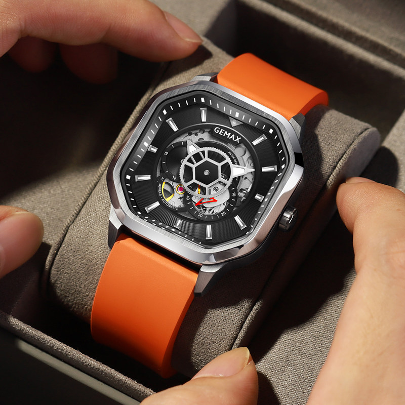 Gmassee hollowed-out fully automatic mechanical watch men's watches silicone with octagonal square sports men's meters waterproof