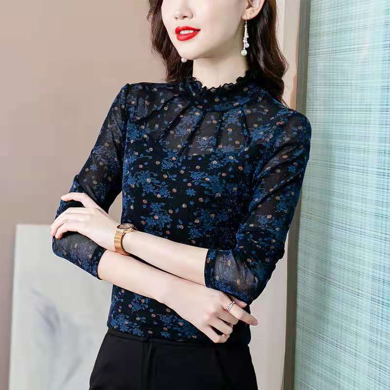 Floral Ruffled Printed Mesh Base Shirt for Women, Fleece-Lined Long-Sleeve Ruffled Slim-Fit Printed Inner Top, Stylish Top