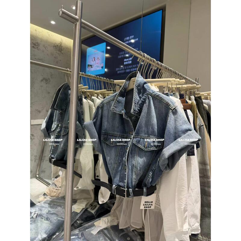 2026 Summer New Vintage Denim Jacket for Women, Short Style with Waist Belt, Versatile Fashionable Jacket, Short Sleeve Top