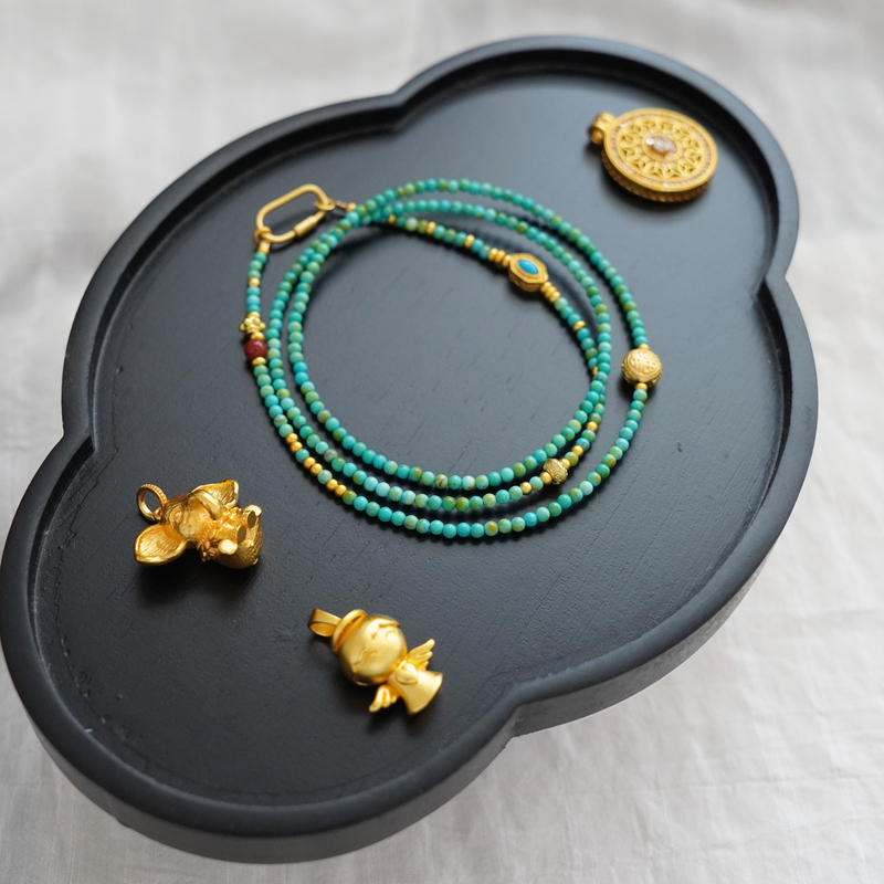 New Chinese-Style Long Sweater Chain with Turquoise, Southern Red Agate, and Gold Pendant Cord, Available in Multiple Sizes, New Popular Style, Good Luck Accessory for Women