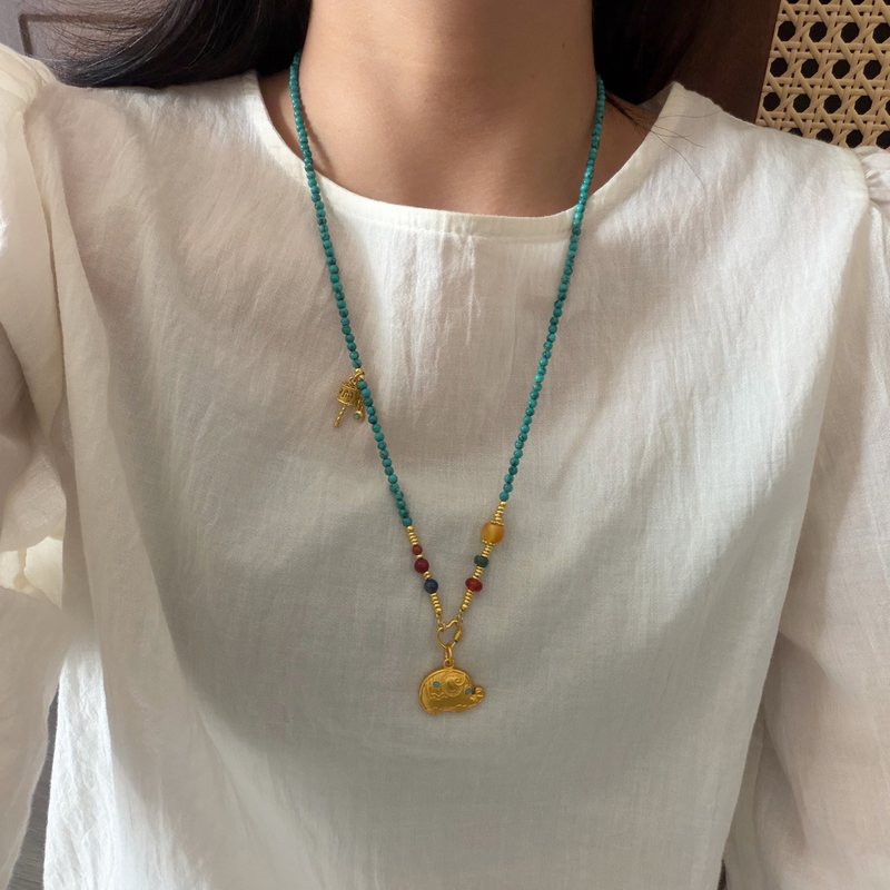 Original Design Natural Turquoise 3mm High-Quality New Chinese Style Long Sweater Chain Gold Pendant Rope Girlfriend Gift Original Design Natural Turquoise 3mm High-Quality New Chinese Style Long Sweater Chain Gold Pendant Rope Girlfriend Gift