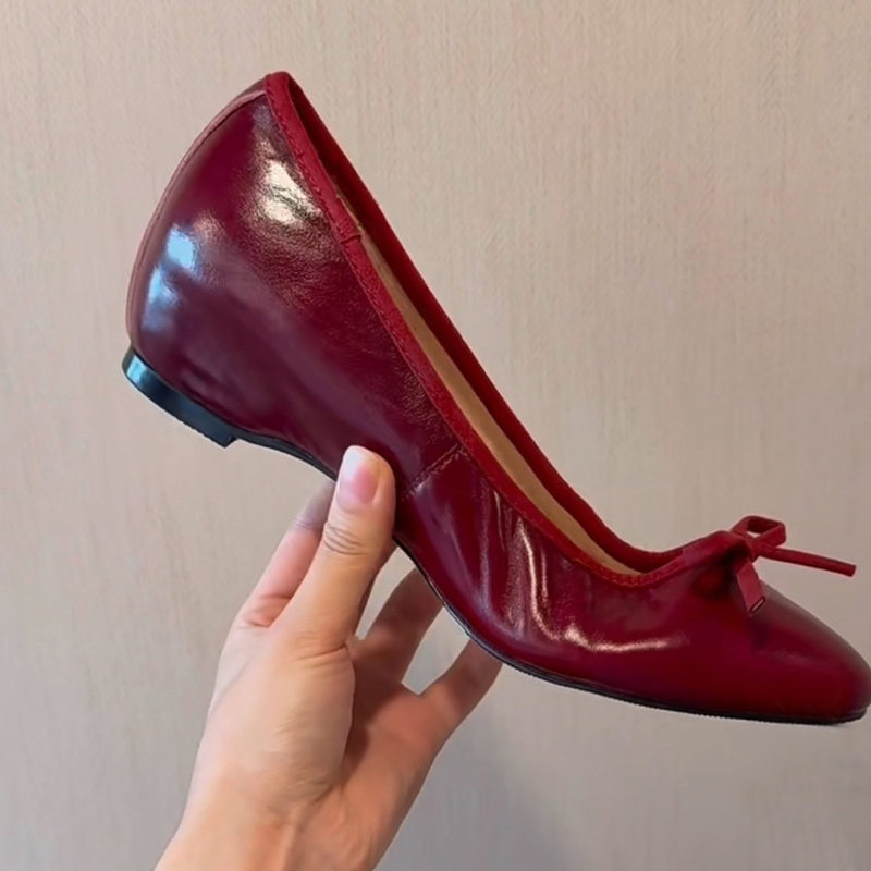 Sheepskin Version~Retro Height-Increasing Ballet Shoes, New Summer Style with Bow, Suitable for Pairing with Skirts, Shallow Mouth, Wine Red Single Shoes for Women