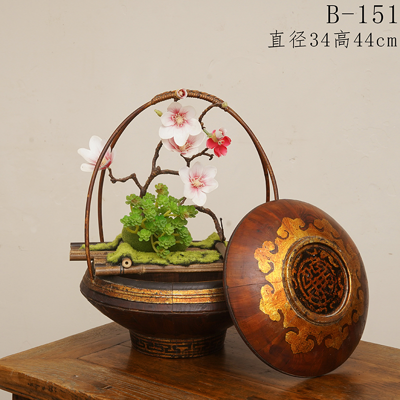 Qing Dynasty Lacquer Painting Octagonal Wood Basket Republic of China Period Round Old Food Box Old Basket Antique Ming and Qing Old Objects Ornaments