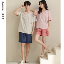 Couples pajamas summer cotton casual V-neck can be worn outside the loungewear womens summer short-sleeved shorts plus size mens suit