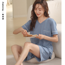 Summer short-sleeved Modal pajamas womens Korean version V-neck solid color can be worn out shorts homewear cool summer set