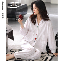Spring and Autumn 2022 pajamas ladies long-sleeved cotton loose plus size housewear can be worn in a white V-neck set
