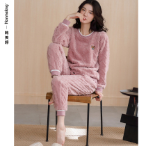 Autumn and winter ladies pajamas thick jacquard coral fleece home wear pullover round neck winter warm flannel set