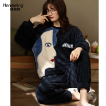 Pajamas women winter coral fleece casual fashion can be worn outside the homewear Korean version loose autumn and winter thick flannel set