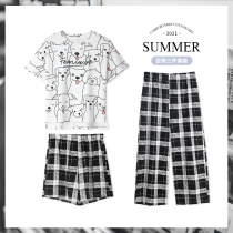 Three-piece set of pajamas womens spring summer cotton short-sleeved cropped pants set Korean version of cartoon student homewear summer thin