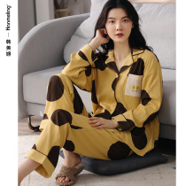Spring and autumn long sleeve pajamas ladies cotton Korean version lapel loose plus size homewear autumn and winter cotton thin set