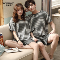 Pajamas couple summer short sleeves cotton-dyed striped casual can go out homewear men and women summer cotton set