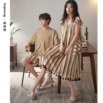 Couples pajamas summer cotton Korean version can be worn outside striped suspender long skirt women short sleeves thin homewear mens suit