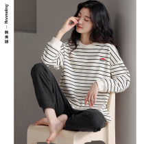 Pajamas womens spring and autumn long sleeves cotton striped large size homewear autumn cotton can be worn outside the autumn and winter thin suit