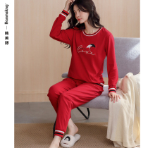 Pajamas ladies spring and autumn long sleeves cotton simple crew neck home clothes this life year red can be worn outside the autumn and winter set