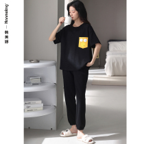 Waffger Sleepwear Lady Summer Pure Cotton Short Sleeve Casual Long Pants Home Conserved Spring And Autumn Slim Big Code Black Suit