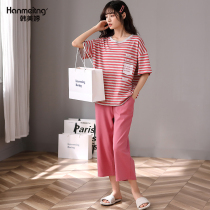 Cropped pants pajamas women summer short sleeves cotton simple stripe summer thin trousers plus size home wear womens set