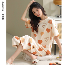 Pajamas Womens Summer Cotton Sweet Short Sleeves Cropped Pants Two-Piece Loose Plus Size Loungewear Summer Thin Set