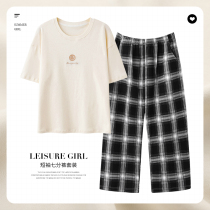 Pajamas Ladies Summer Cotton 2022 New Short Sleeve Plaid Cropped Housewear can be worn outside the summer set