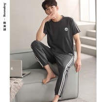 Mens pajamas summer cotton short-sleeved trousers sports can be worn outside the homewear spring and autumn cotton thin plus size set
