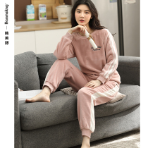 Coral fleece pajamas womens winter thickened plus fleece flannel homewear autumn and winter sports can be worn outside the thermal set