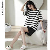 Cotton pajamas womens summer short-sleeved shorts thin plus-size homewear stripe can be worn out set 2022 new
