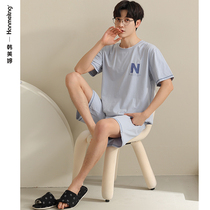 Pajamas mens summer pure cotton simple youth plus size home wear summer thin short sleeves shorts mens set