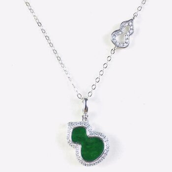 Natural burmese a-grade jadeite s925 silver inlaid gourd pendant set chain women's green jade pendant gourd = fulu