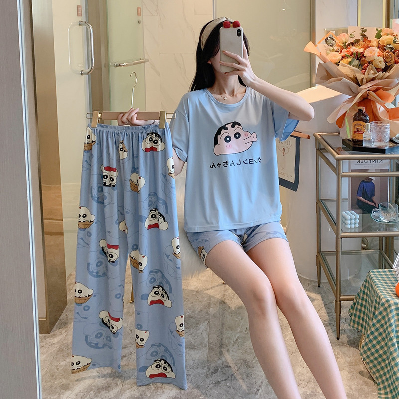 #BX Short Pants Cover - Crayon Xiaoxin & Pants + Shorts + TopBig size pajamas female summer lovely Thin pure cotton Short sleeve shorts trousers Three piece suit summer student leisure wear