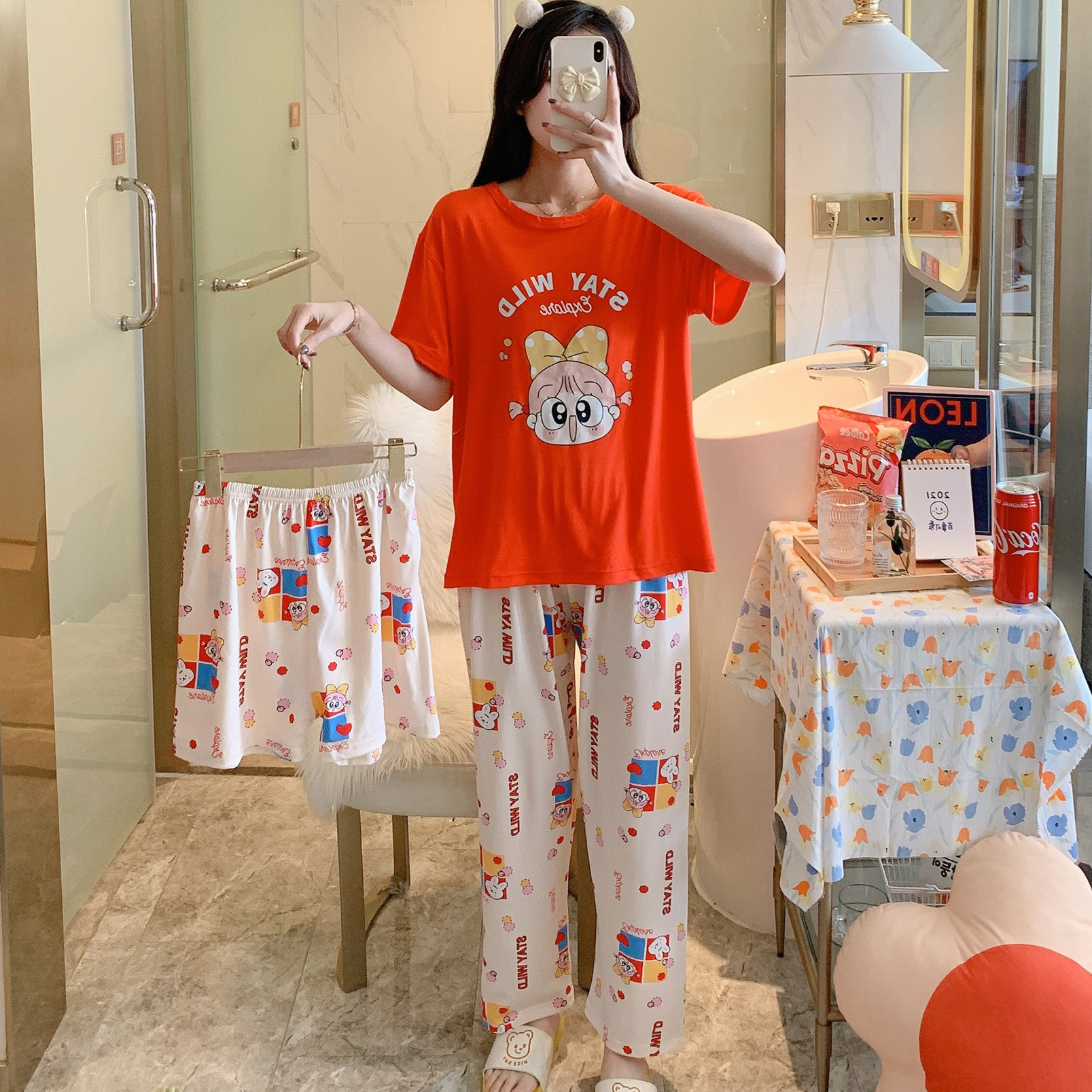 Red & Three Piece SET-C Butterfly Knot GirlBig size pajamas female summer lovely Thin pure cotton Short sleeve shorts trousers Three piece suit summer student leisure wear