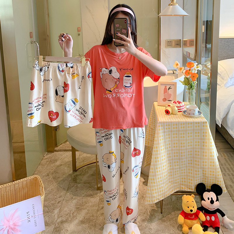 #BX Three Piece Suit-338 & Trousers + Shorts + TopBig size pajamas female summer lovely Thin pure cotton Short sleeve shorts trousers Three piece suit summer student leisure wear