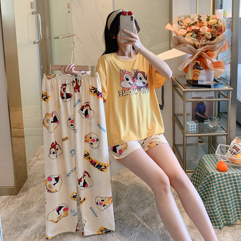 #BX Pant Cover - Squirrel & Pant + Shorts + TopBig size pajamas female summer lovely Thin pure cotton Short sleeve shorts trousers Three piece suit summer student leisure wear