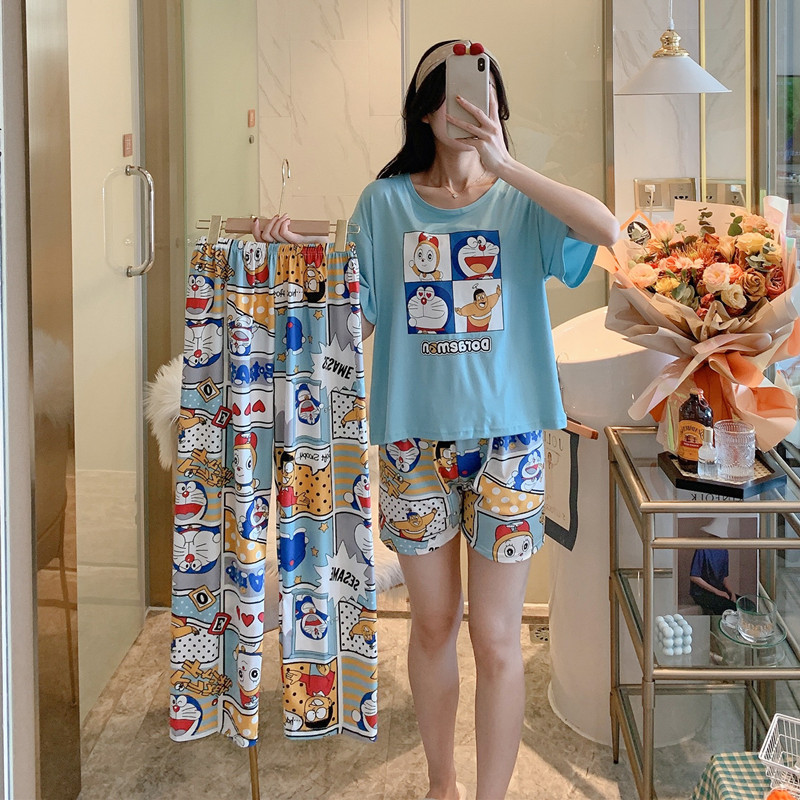 #BX Shorts - Doraemon & Pants + Shorts + TopBig size pajamas female summer lovely Thin pure cotton Short sleeve shorts trousers Three piece suit summer student leisure wear