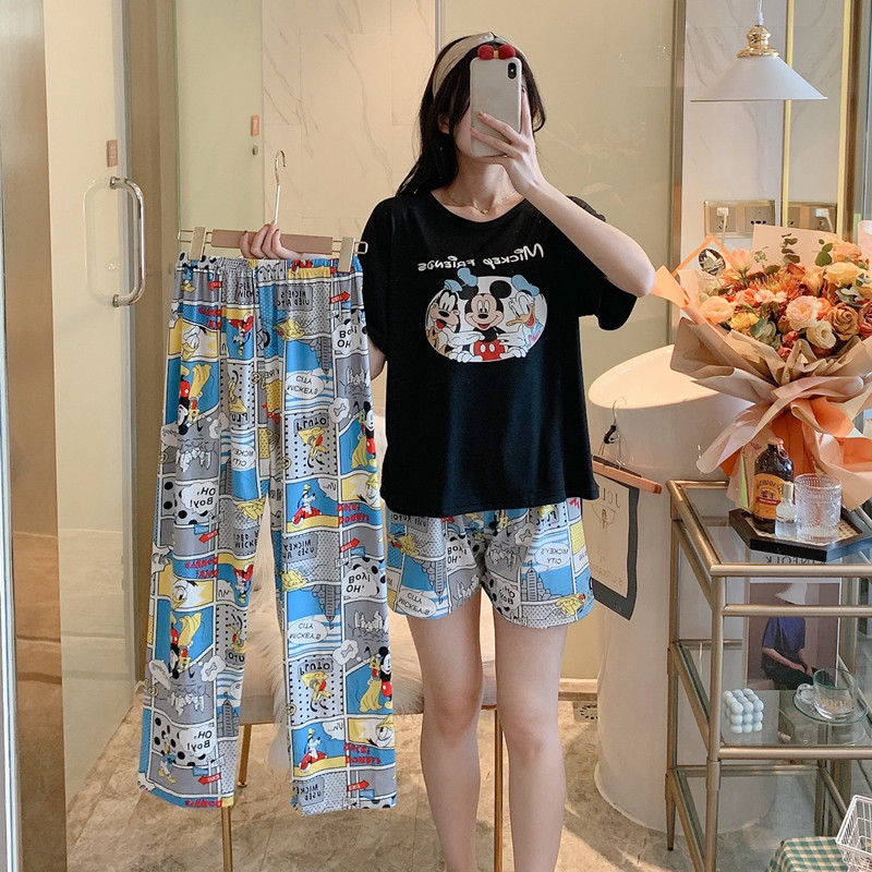 #BX Pant Cover - Black Mickey & Pant + Shorts + TopBig size pajamas female summer lovely Thin pure cotton Short sleeve shorts trousers Three piece suit summer student leisure wear