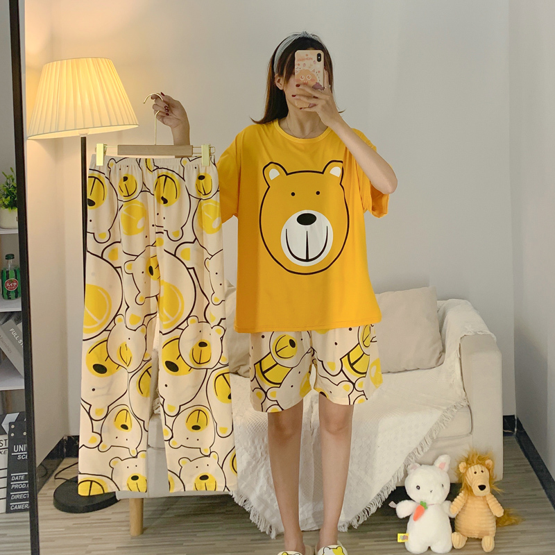 Bright Yellow & Three Piece Set - BearBig size pajamas female summer lovely Thin pure cotton Short sleeve shorts trousers Three piece suit summer student leisure wear
