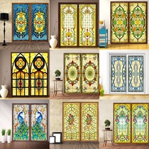 European-style color retro church electrostatic glass film translucent opaque sliding door stickers Cabinet furniture window grille stickers