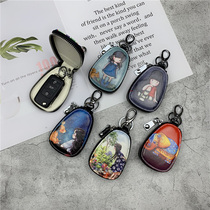 Cute Korean leather lady car key bag female personality cartoon graffiti pocket multi-function key buckle